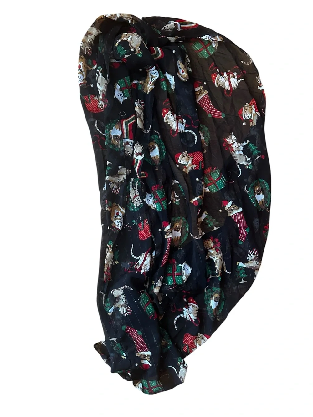 Vintage Christmas Cats Scarf Black Sheer Fabric Holiday Festive Cat Grannycore